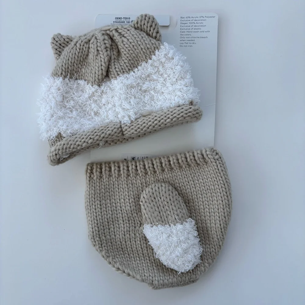 Cloud Island TAN Hat and Diaper Cover Set OSFM Baby 0-12 Months Knit Crochet